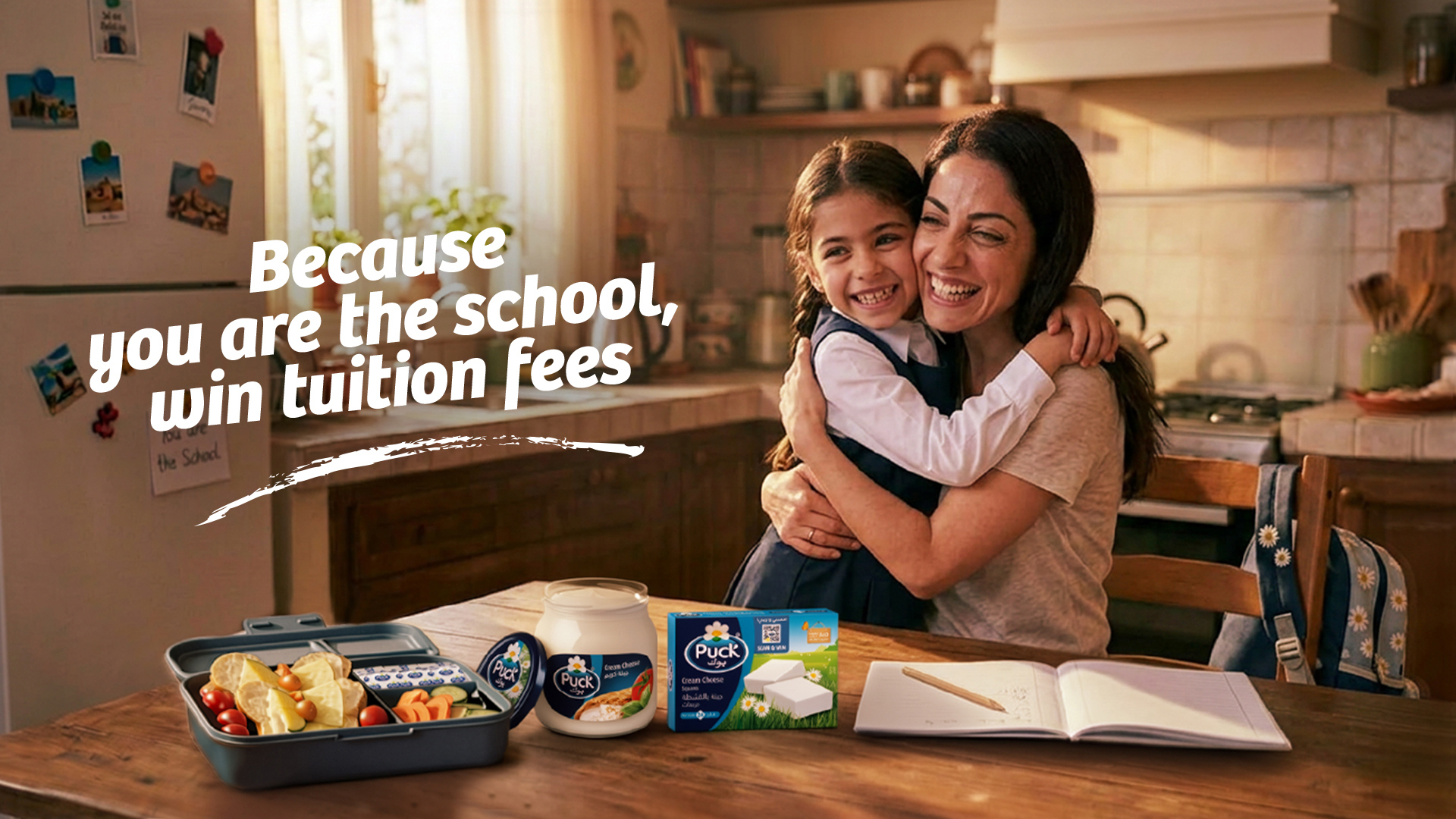 Mom hugging her daughter beside a packed school lunchbox