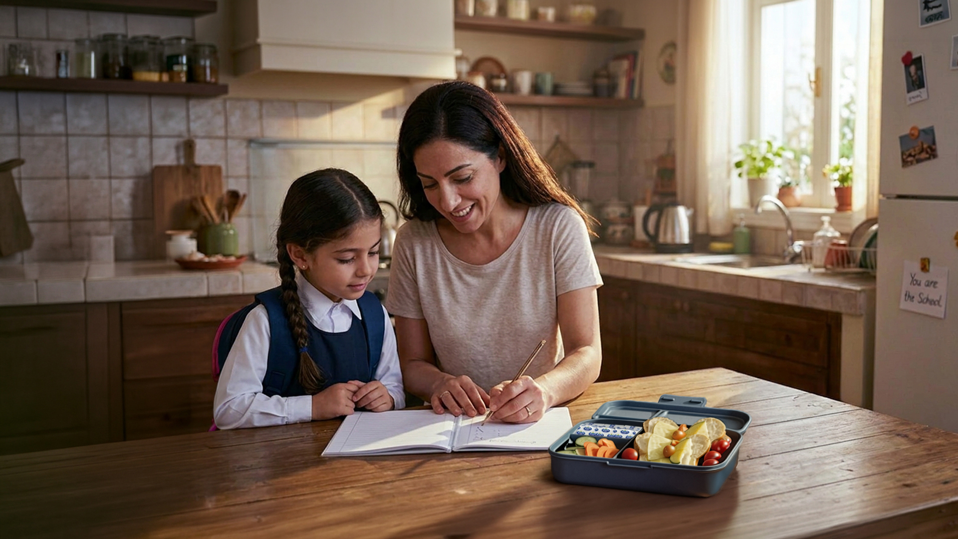 Mom teaching her daughter at home before school, with a packed lunchbox beside them.