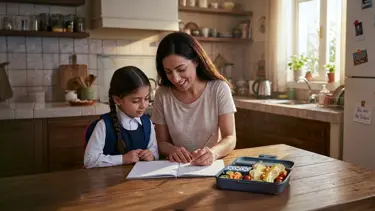 Mom teaching her daughter at home before school, with a packed lunchbox beside them.