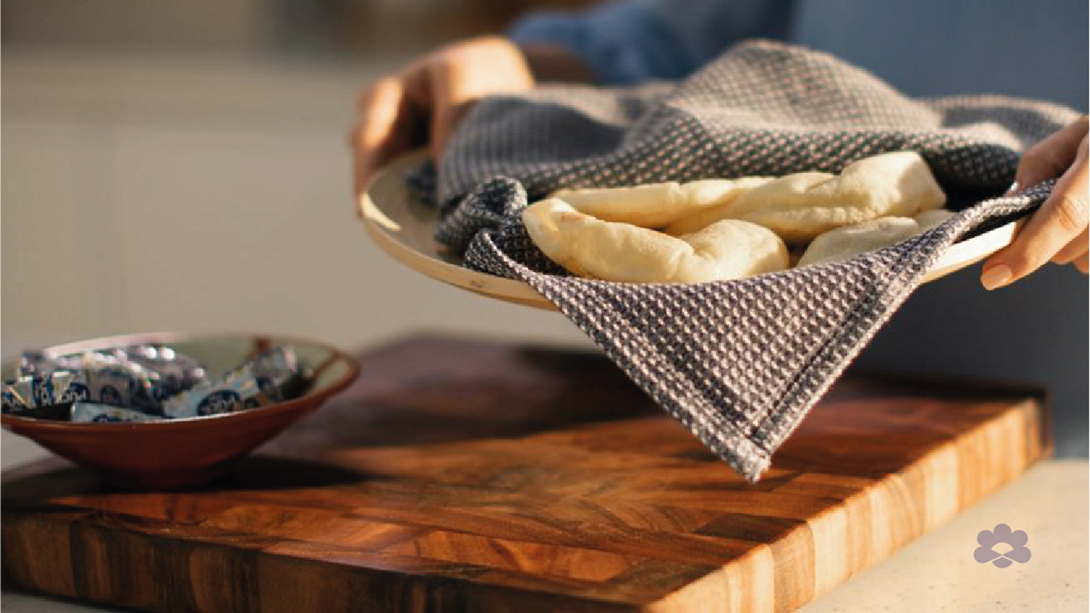 Pita Bread with Cream Cheese Squares, Hummus, Spices and Fresh Fruit
