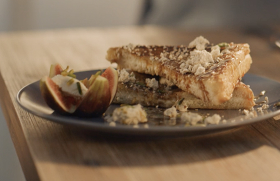 French Toast with Natural Cream Cheese, Halawa, Tahini, and Figs