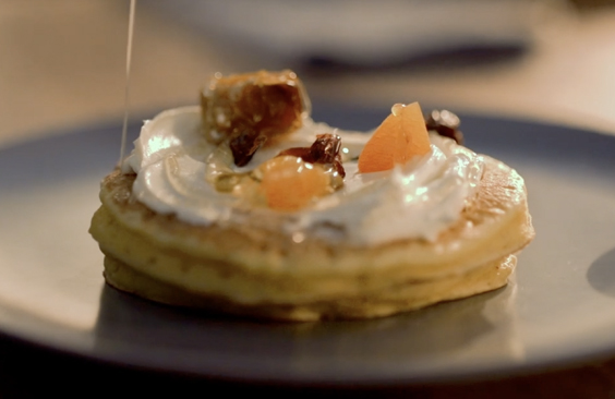 Saffron & Rosewater Pancakes with Dried Fruits and Natural Cream Cheese