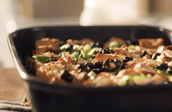 Savoury Croissant Bread Pudding with Cream Cheese Spread, Olives and Nigella Seeds