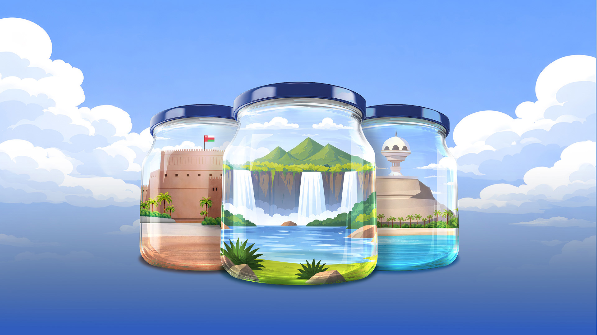 Three illustrated jars featuring Omani landmarks: Nizwa Fort, Wadi Darbat, and the Muttrah Incense Burner.