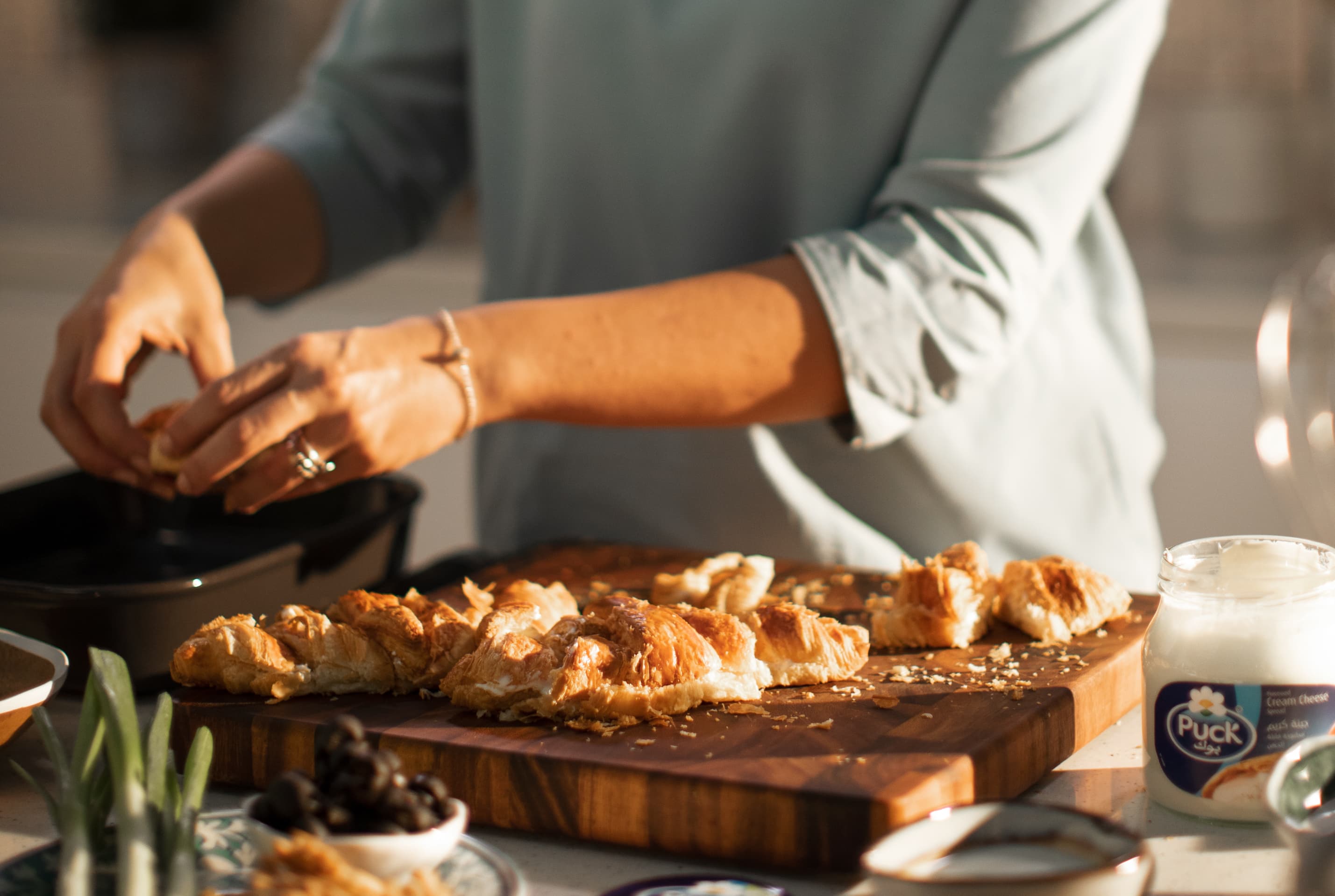 Savoury Croissant Bread Pudding with Cream Cheese Spread, Olives and Nigella Seeds