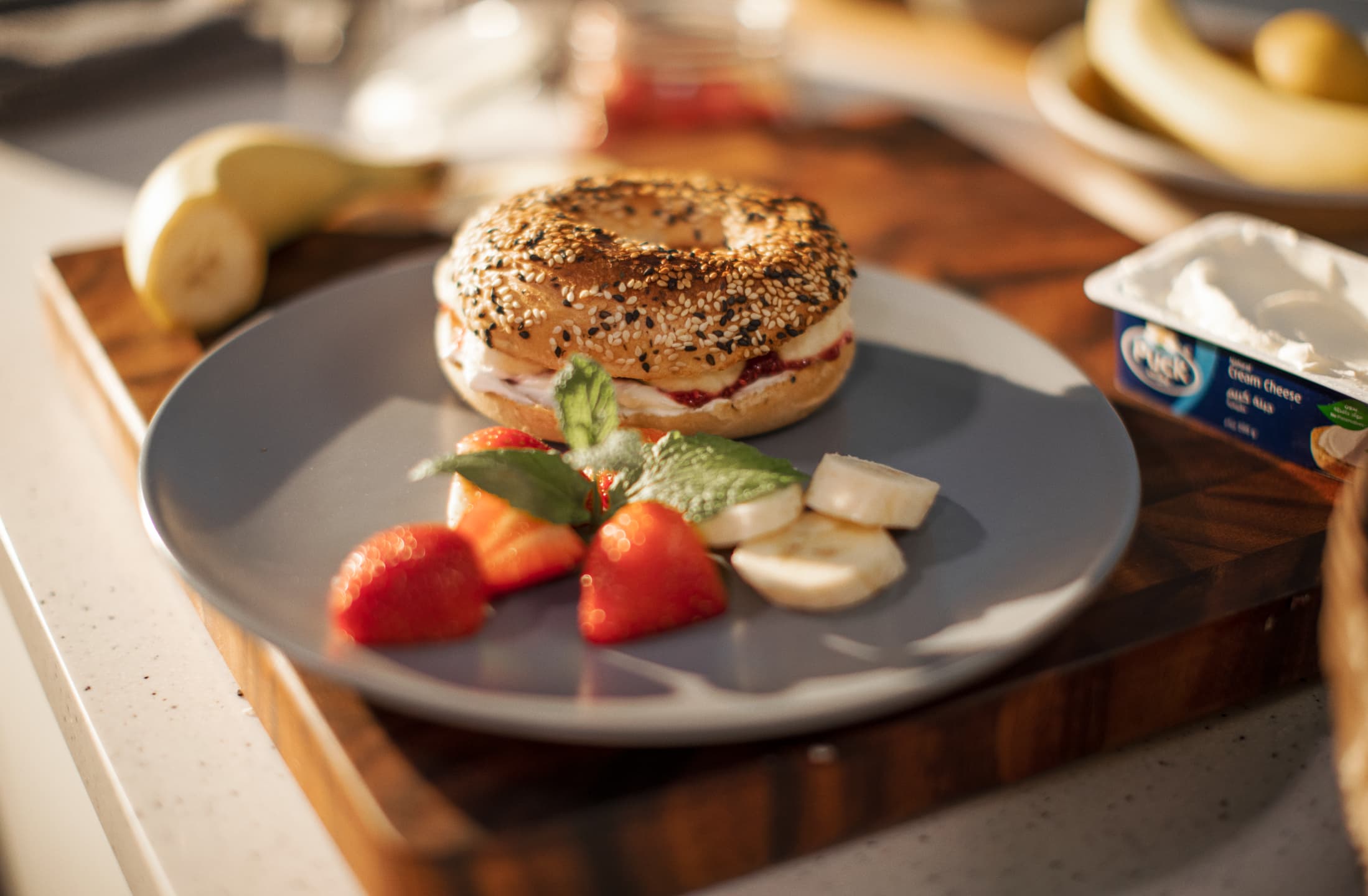 Bagels with Natural Cream Cheese and Strawberry & Chia Seeds Jam