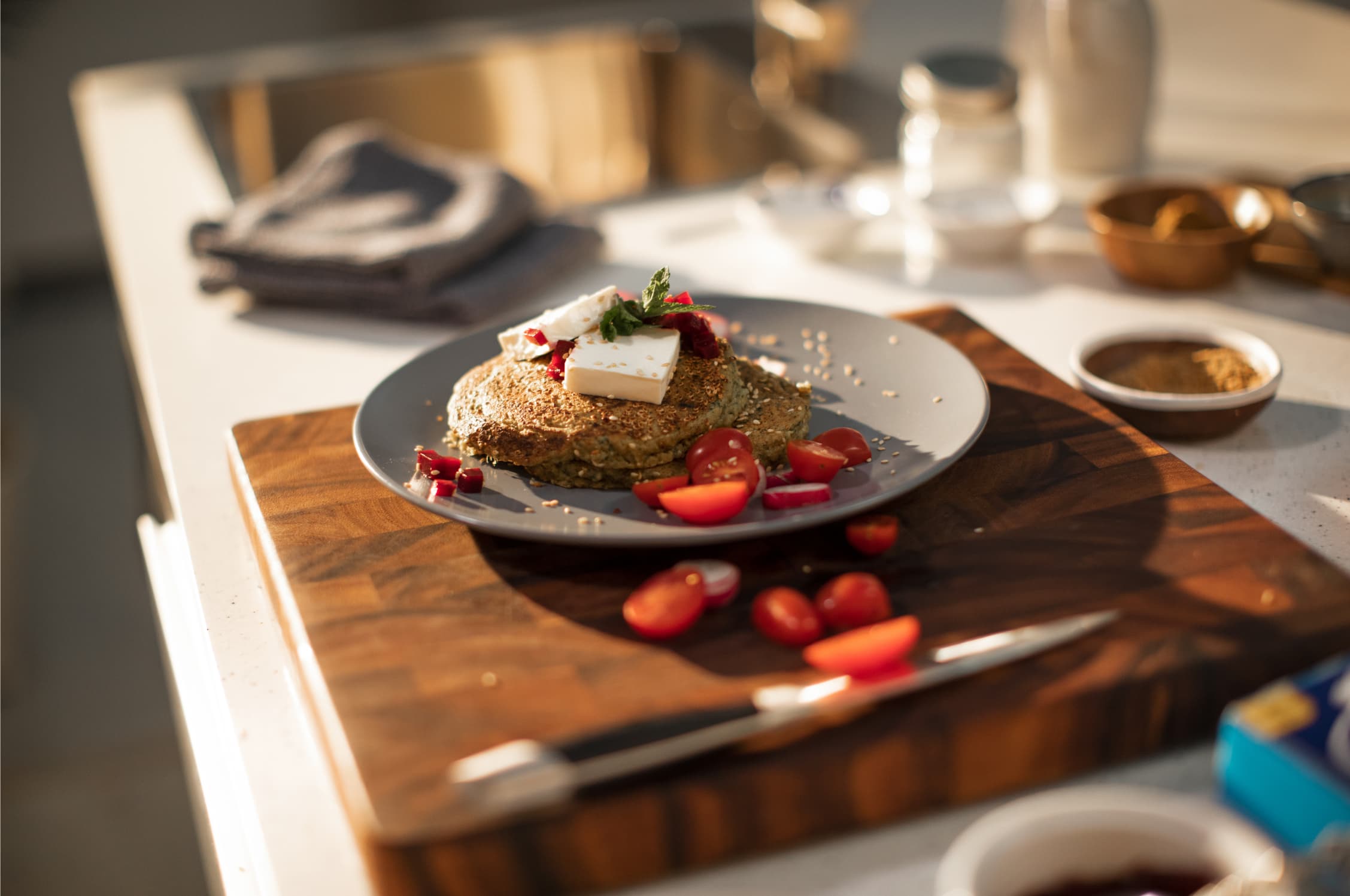 Savoury Falafel Pancakes with Cream Cheese Squares and Vegetables