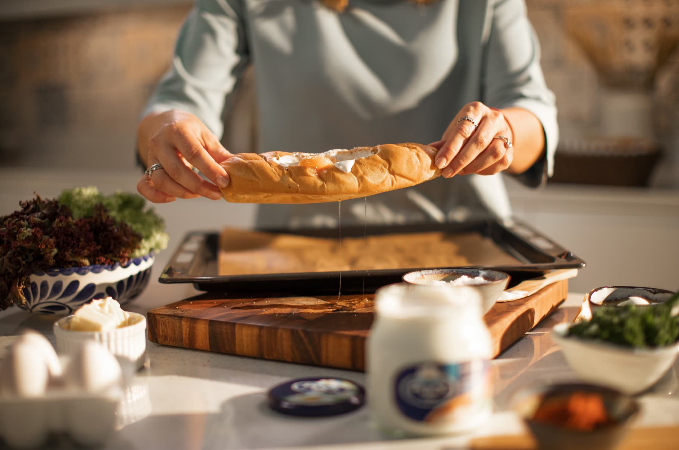 Samoon Bread Filled with Cream Cheese Spread and Egg