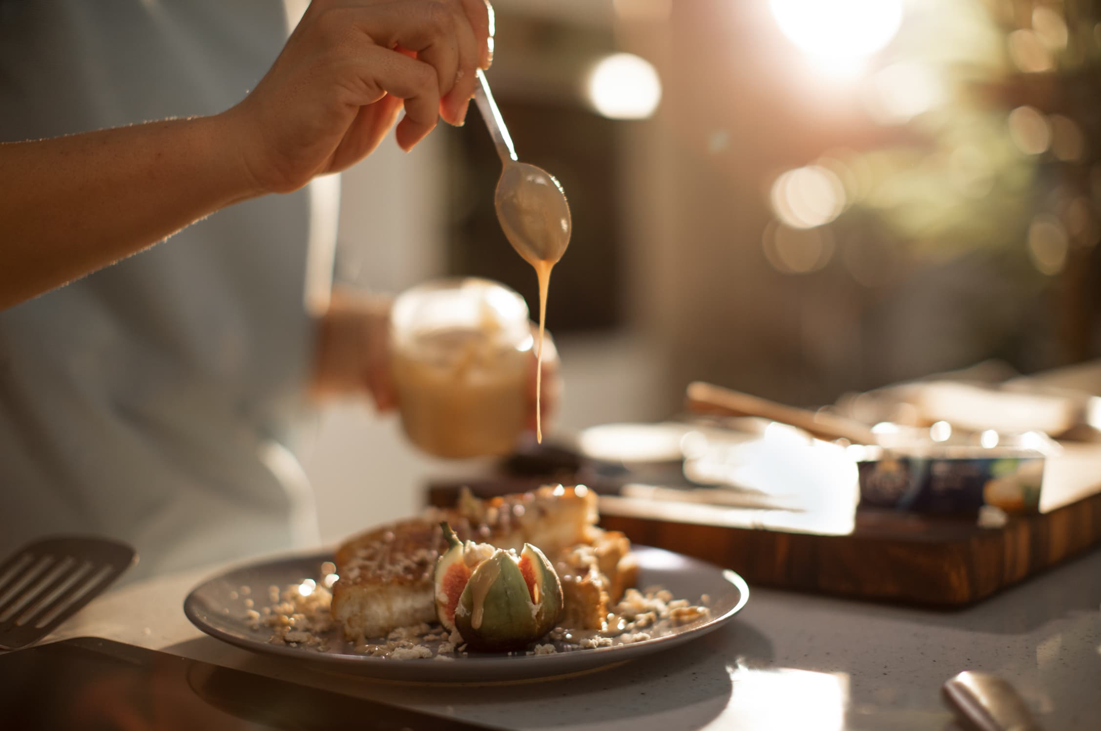 French Toast with Natural Cream Cheese, Halawa, Tahini, and Figs