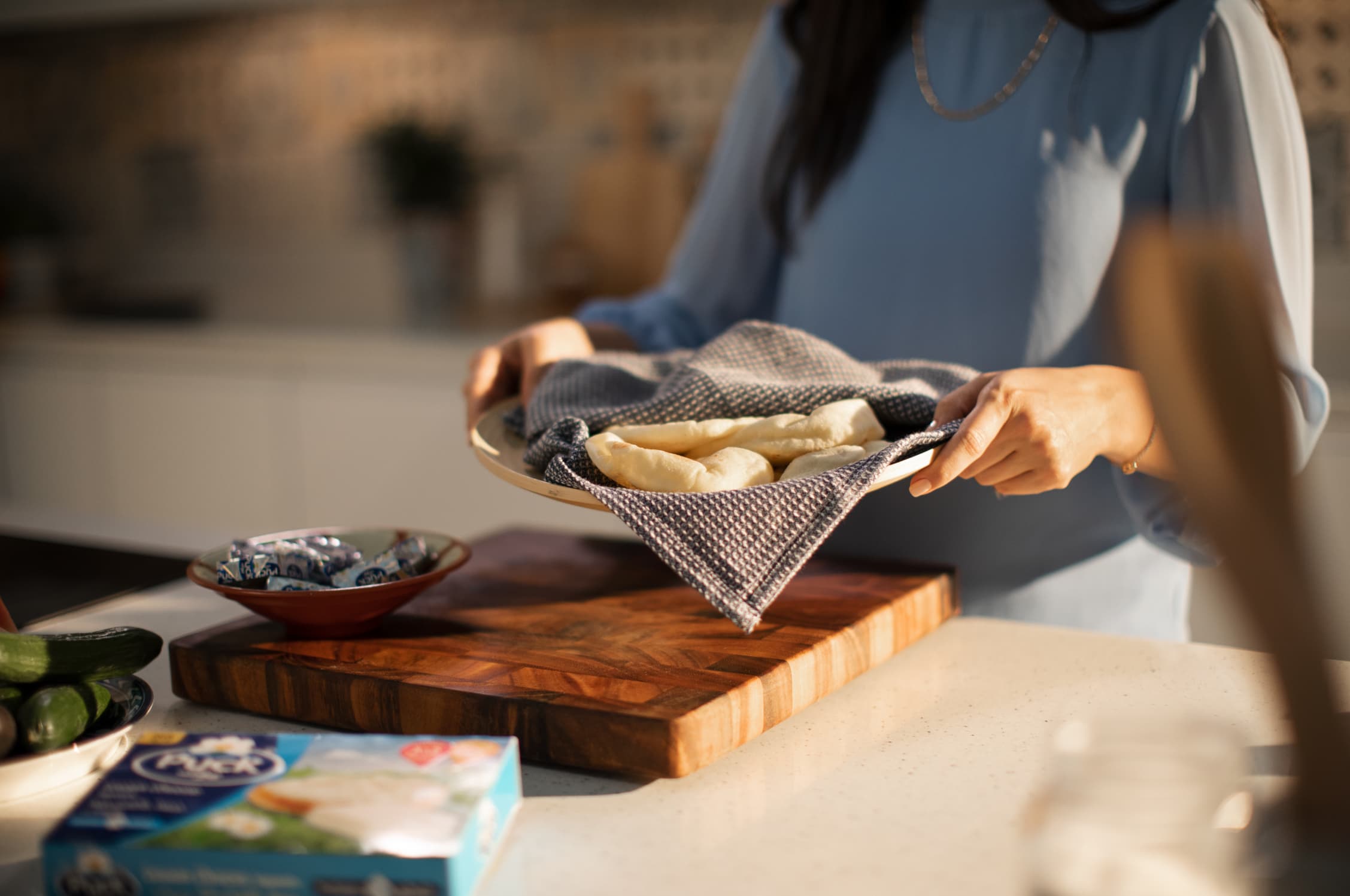 Pita Bread with Cream Cheese Squares, Hummus, Spices and Fresh Fruit