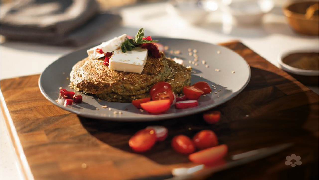 Savory Falafel Pancakes with Cream Cheese Squares and Vegetables