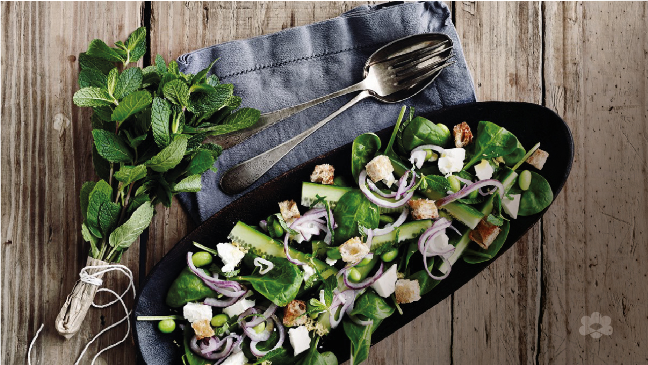 Fresh spinach salad with mint and cheese 