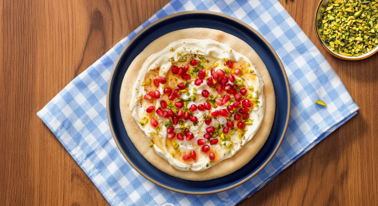 Arabic Bread with Cream Cheese, Pomegranate, Pistachios and Honey 